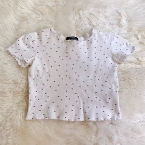 BERSHKA cherry pattern ripped lettuce edges crop top